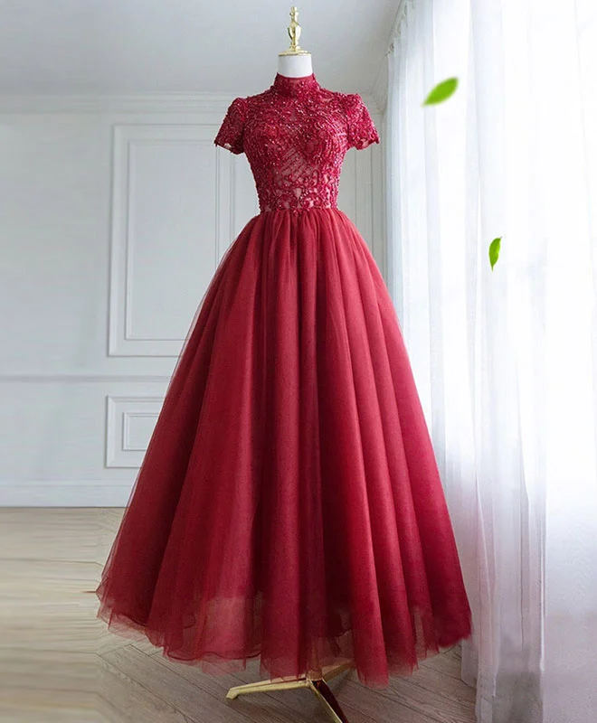 Burgundy Tulle Lace Long Prom Dress, Tulle Lace Evening Dress Tunics Evening elegant