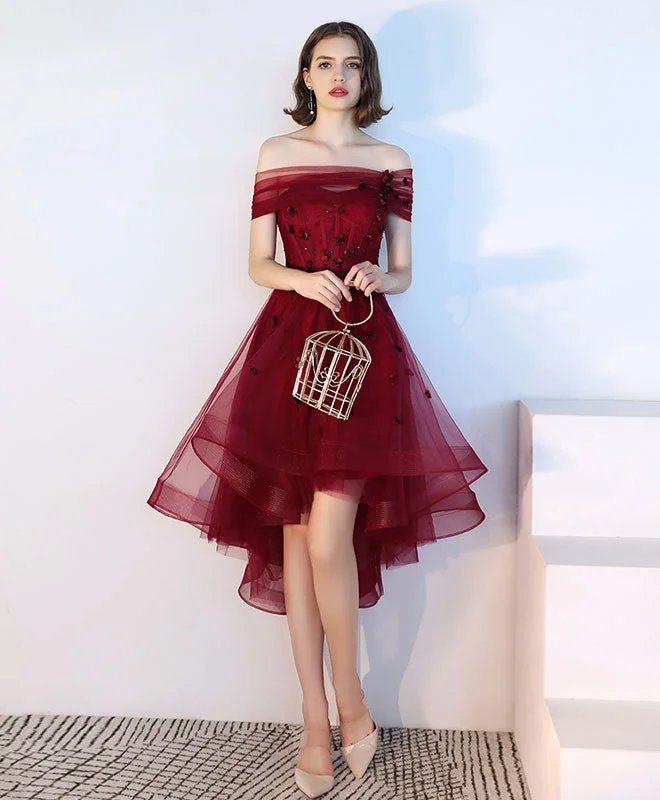 Burgundy Tulle Lace Short Prom Dress, Burgundy Tulle Evening Dress Tunics Ceremony elegant