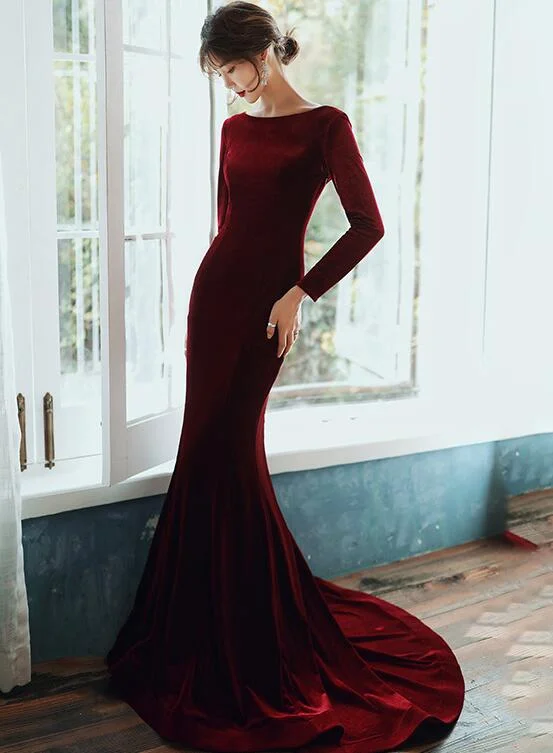 Burgundy Velvet Long Sleeves Mermaid Party Dress, Long Prom Dress Tunics Seasonal trendy