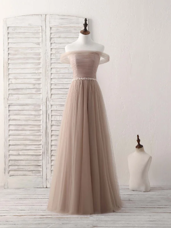 Champagne Off Shoulder Tulle Long Prom Dress, Champagne Evening Dress Tunics Office stylish