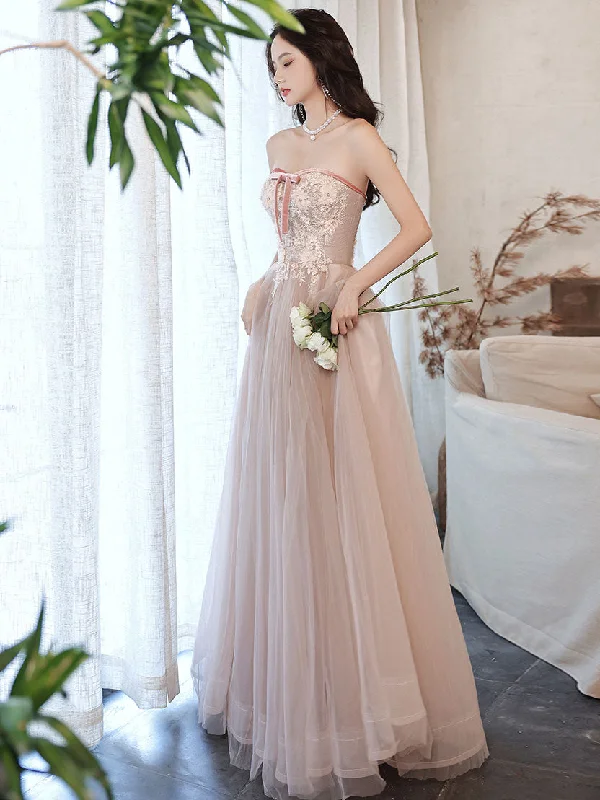 Champagne Tulle Lace Long Prom Dress, Champagne Evening Dress empire Waist empire