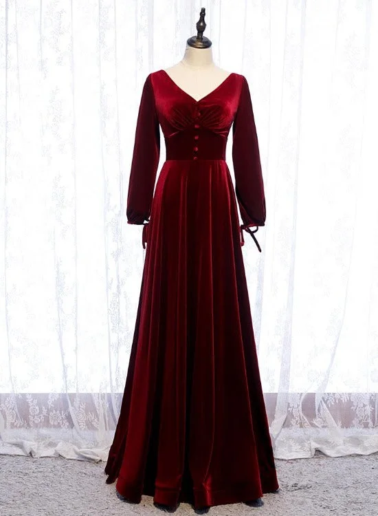 Charming Dark Red Velvet Long Sleeves A-line Party Dress, Bridesmaid Dress Tunics Stylish modern