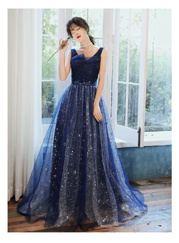 Charming Navy Blue Long Party Dress with Sequins, Blue Evening Gown Prom Dress Tunics Review highly