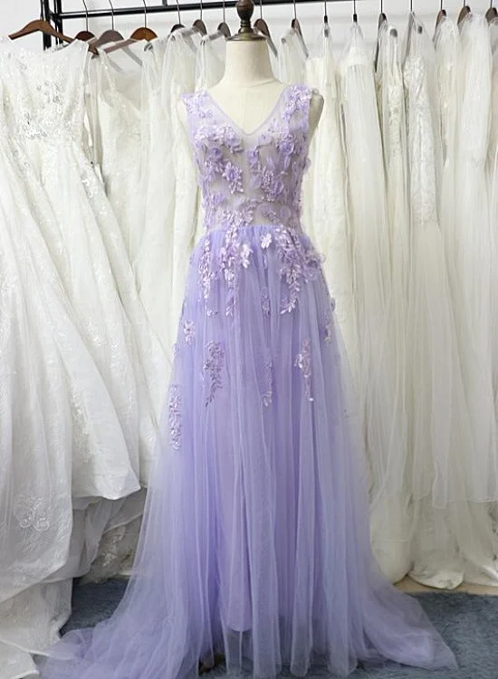 Charming Tulle Floral Light Purple Long Party Dress, A-line Prom Dress Tunics Cozy soft