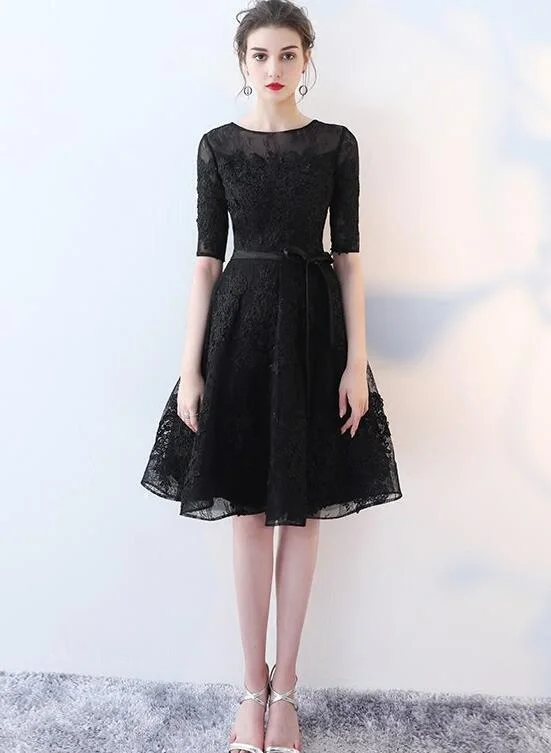 Cute Black Lace Short Sleeves Party Dress, Black Lace Homecoming Dress Tunics Custom made