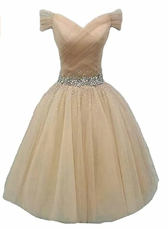 Cute Champagne Beaded Sweetheart Homecoming Dress, Off Shoulder Party Dress Tunics Versatile stylish