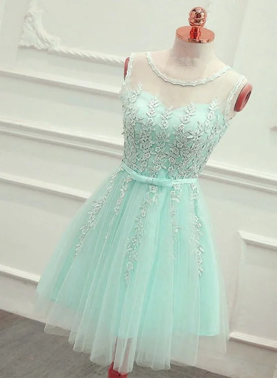 Cute Mint Green Tulle Short Party Dress with Lace Applique, Homecoming Dress Mermaid Tail Wedding