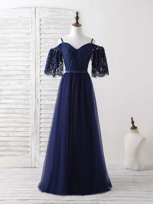 Dark Blue A-Line Lace Tulle Long Prom Dress Blue Evening Dress Crew Neckline Casual