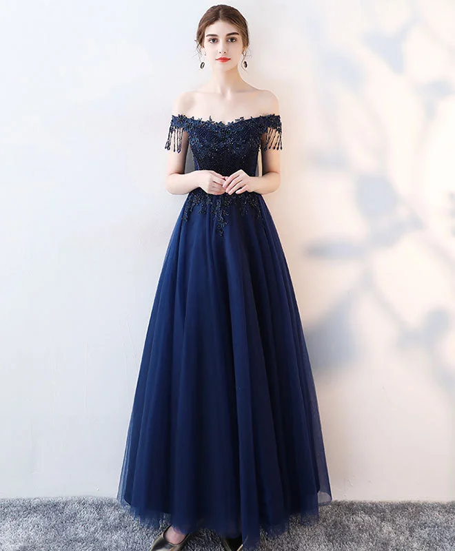 Dark Blue Tulle Beaded Long Prom Dress, Blue Evening Dress Pleated Skirt Elegant