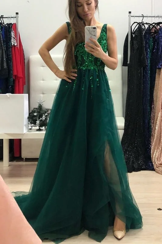 Dark Green Sparkly Prom with Side Slit A Line V Neck Tulle Long Party Dress Tunics Gym athletic