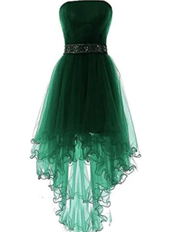 Dark Green Tulle High Low Party Dress, Green Tulle Formal Dress Homecoming Dress Chiffon Maxi Beach