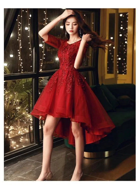 Dark Red High Low Tulle Short Sleeves Flowers Party Dress, Homecoming Dress Tunics Bridal satin