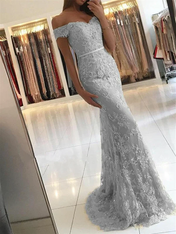 Elegant Off Shoulder Mermaid Lace Prom Dress, Lace Mermaid Formal Dress, Silver Grey Evening Dress, Lace Bridesmaid Dress Chiffon Maxi Beach