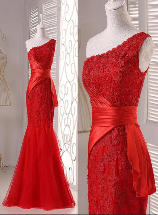 Elegant One Shoulder Red Lace Mermaid Wedding Party Dress, Red Prom Dress 2021 Tunics Stylish elegant