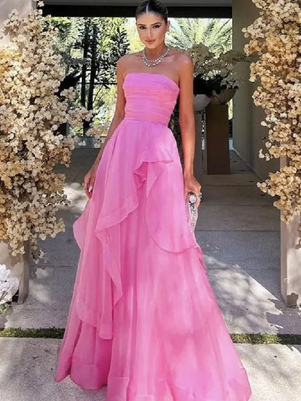 Elegant Strapless Layered Pink Prom Long Dresses, Strapless Pink Formal Graduation Evening Dresses Tunics Practical durable