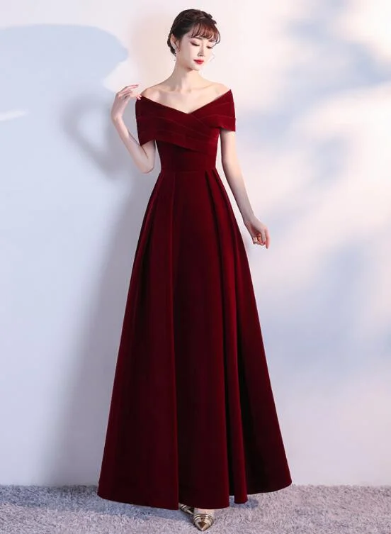 Elegant Wine Red Long Off Shoulder Velvet Party Dress, A-line Long Prom Dress Tunics Running lightweight