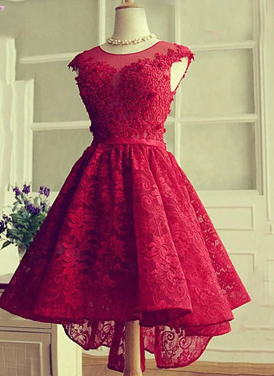 Fashionable Wine Red Lace High Low Party Dress, Lace Homecoming Dress Tunics Gym athletic