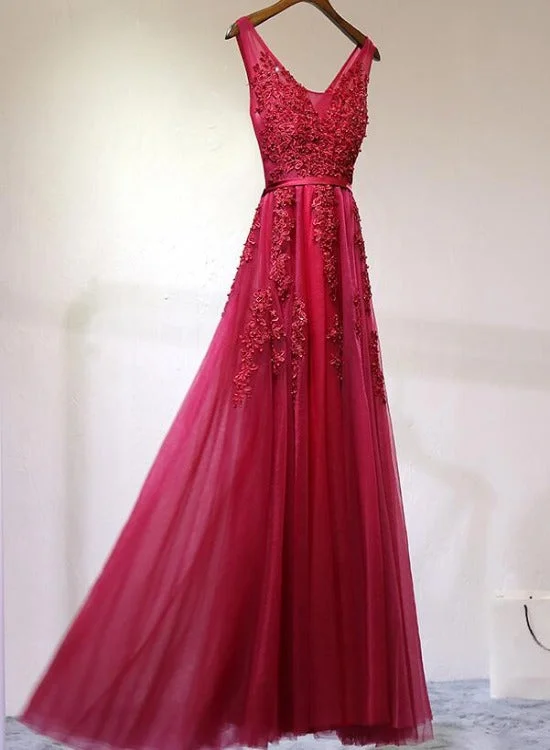 Fashionable Wine Red V Back Tulle Long Party Dress, A-line Prom Dress Tunics Party sparkling