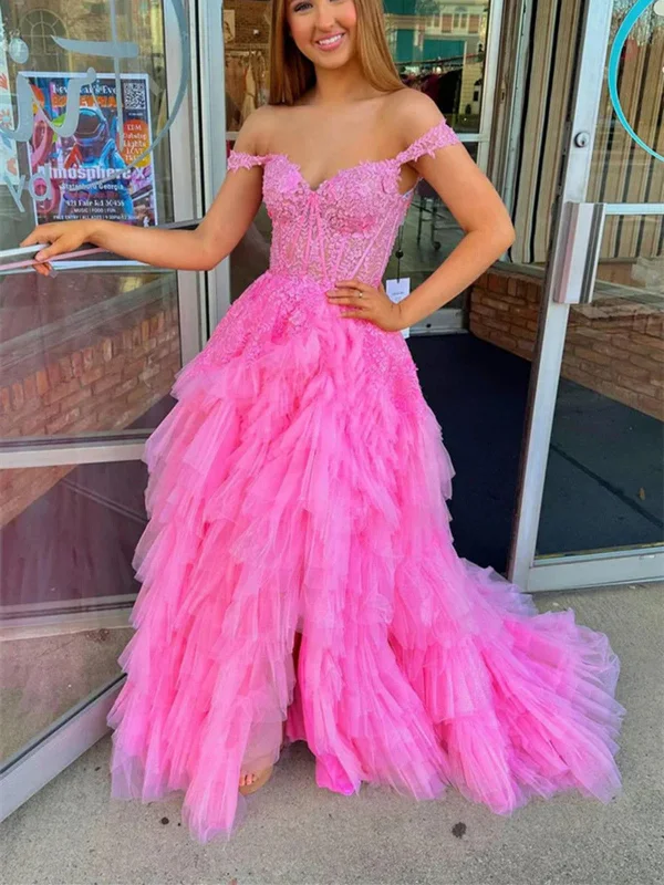 Fluffy Off The Shoulder Hot Pink Lace Long Prom Dresses with Slit, Off Shoulder Hot Pink Lace Formal Evening Dresses Tunics stripes playful