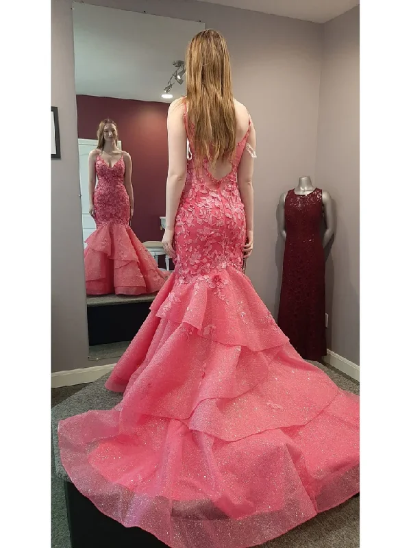 Gorgeous V Neck Backless Mermaid Hot Pink Lace Long Prom Dresses,  Open Back Mermaid Hot Pink Lace Long  Formal Evening Dresses Tunics Sale discount