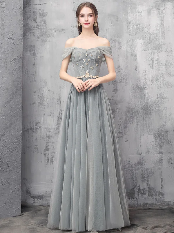 Gray A-line Off Shoulder Tulle Beads Long Prom Dress, Gray Evening Dress Tunics Corduroy durable