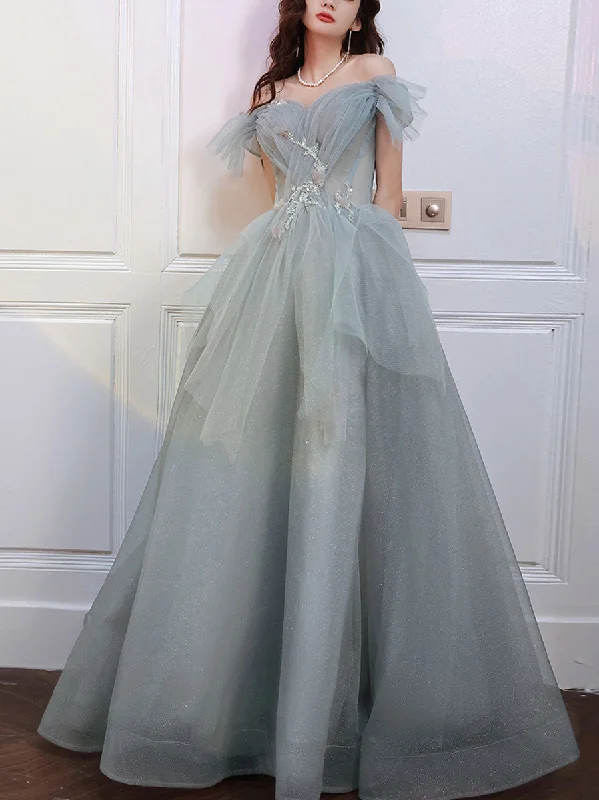 Gray Blue Sweetheart Neck Tulle Long Prom Dress Gray Evening Dress Tunics Chinos classic