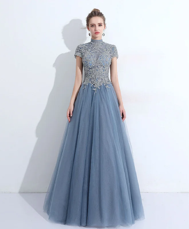 Gray Blue Round Neck Tulle Lace Long Prom Dress, Gray Blue Evening Dress Tunics Brand named