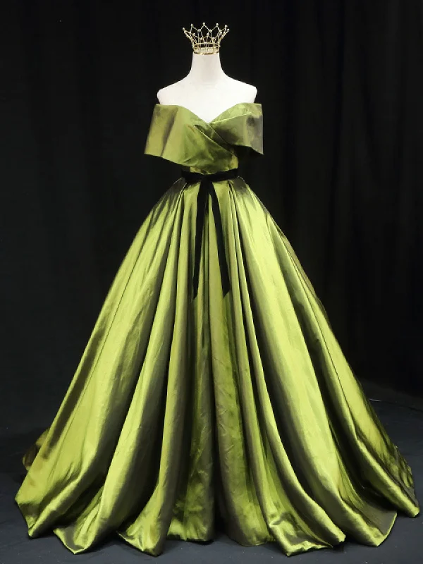 Green A line Satin Long Prom Dress, Green Satin Formal Evening Dresses Boatneck Modish Everyday