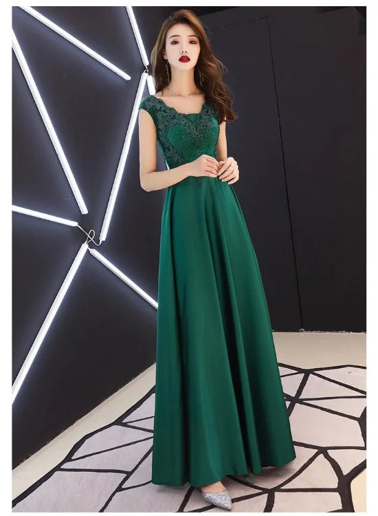 Green Satin A-line Long Party Dress with Lace, Beaded Satin Evening Dress Prom Dress Boatneck Modish Everyday