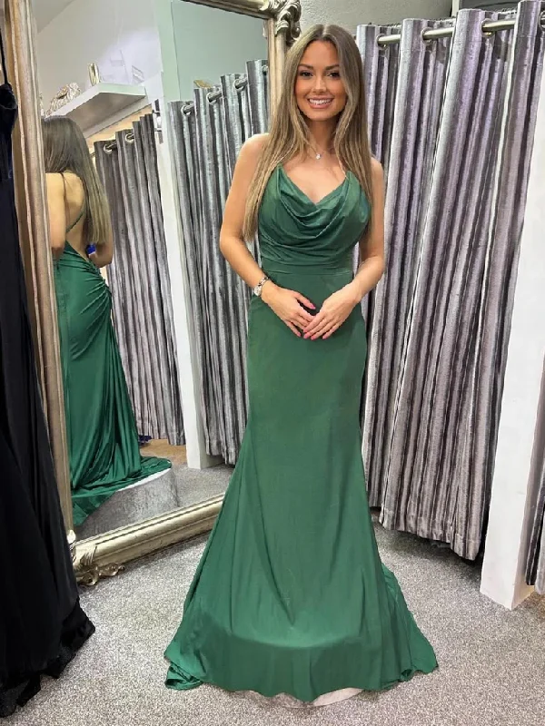 Green Satin Mermaid Backless Long Prom Dresses, Mermaid Green Long Formal Evening Dresses Tunics Cozy comfortable