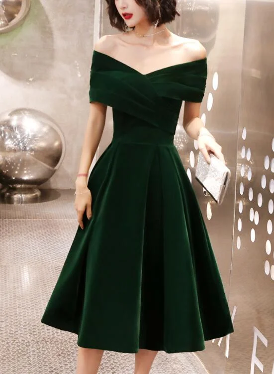 Green Tea Length Velvet Off Shoulder Party Dress, Green Bridesmaid Dress Tunics Plaid country