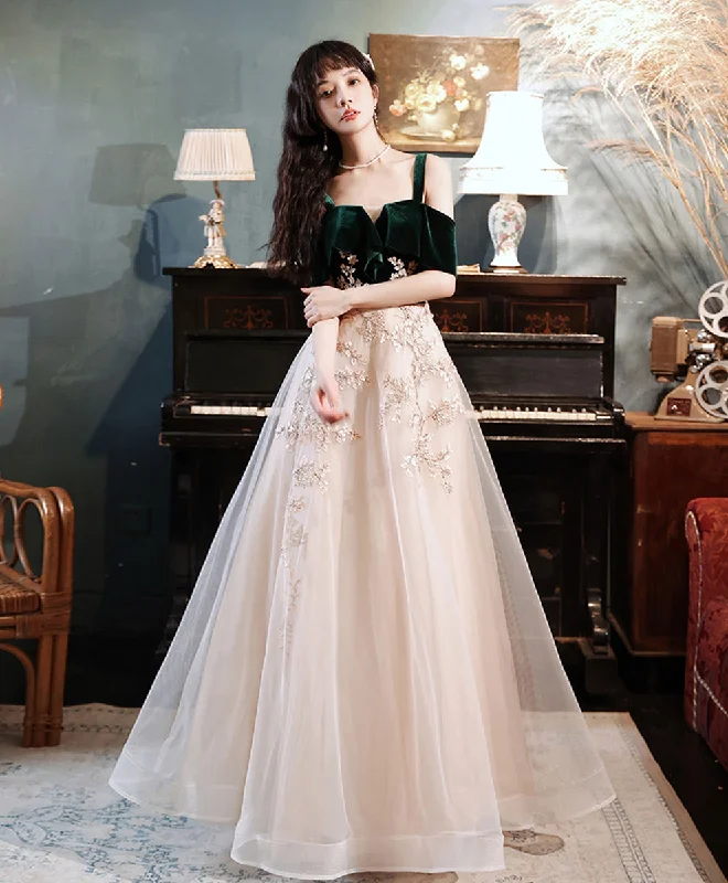 A line Green Tulle Lace Long Prom Dress, Green Formal Evening Party Dress Tunics Fall fleece