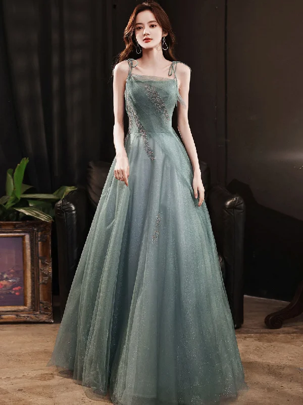 Green Tulle Sequin Long Prom Dress, Green Evening Dress Tunics Plaid country