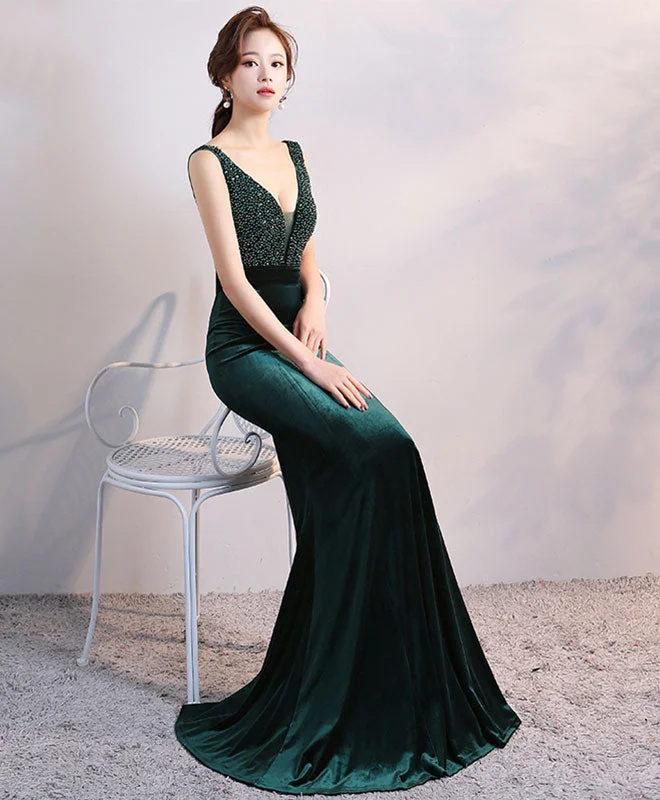 Green V Neck Velvet Long Prom Dress, Mermaid Evening Dress Tunics Practical easy-care