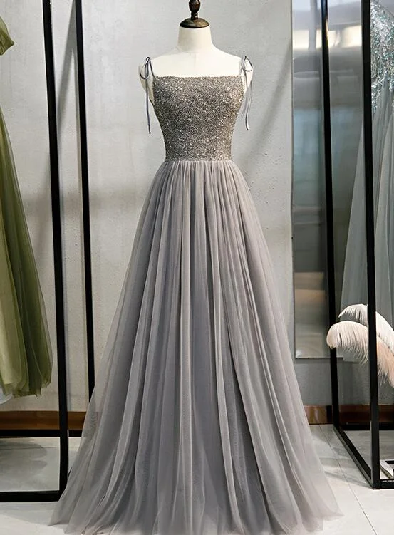 Grey Tulle Beaded Straps A-line Long Formal Dress, New Prom Dress Party Dress Tunics Ceremony elegant