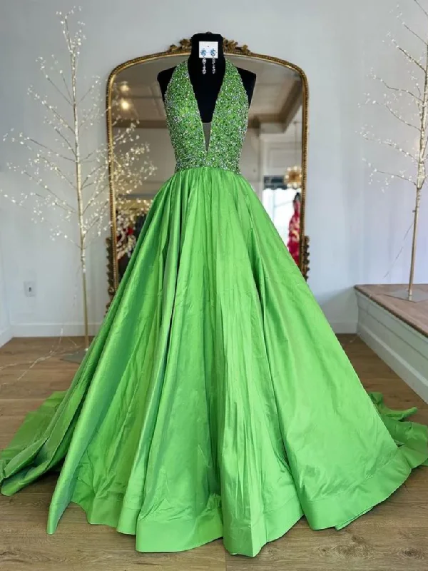 Halter V Neck Backless Beaded Green Long Prom Dresses with Sequins, Green Satin Long Formal Graduation Evening Dresses Tunics Essential wardrobe