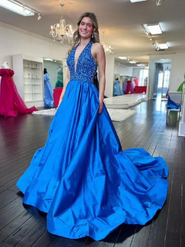 Halter V Neck Backless Blue Long Prom Dresses, V Neck Open Back Blue Formal Graduation Evening Dresses Tunics Top rated