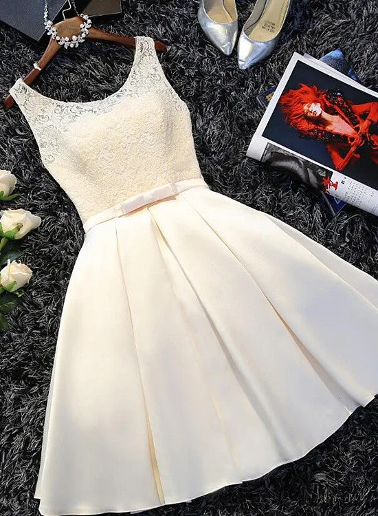 Ivory Satin Lace Round Neckline Knee Length Party Dress, Short Prom Dress Tunics Custom made