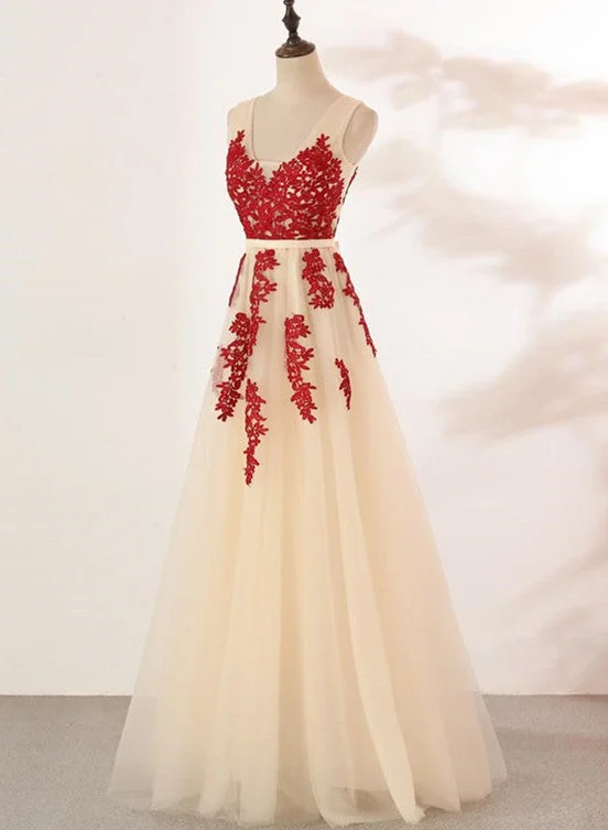 Ivory Tulle with Red Lace Applique V-neckline Prom Dress, Tulle V Back Formal Dress, Evening Dress Pleated Skirt Elegant