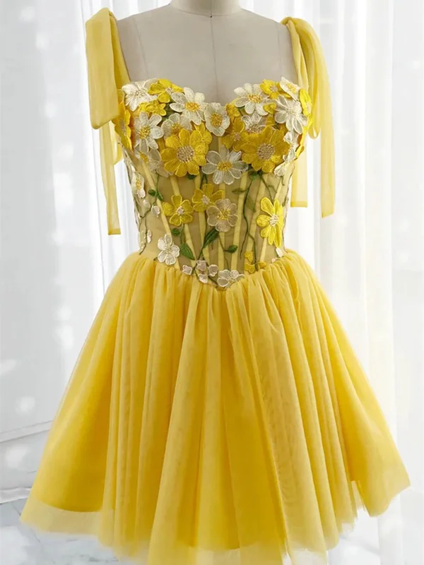 Knee Length Yellow Lace Tulle Short Prom Dresses, Cute 3D Flowers A Line Yellow Formal Evening Dresses Tunics Exclusive limited