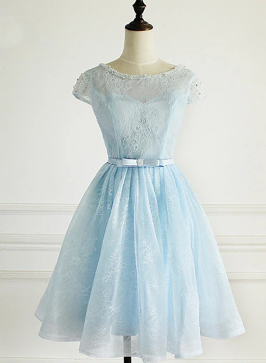 Light Blue Lace Cap Sleeves Cute Short Party Dress, Blue Homecoming Dress Tunics Silk luxurious