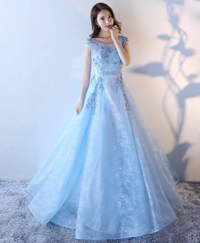 Light Blue Lace Tulle Long Prom Dress, Lace Evening Dress Tunics Floral girly