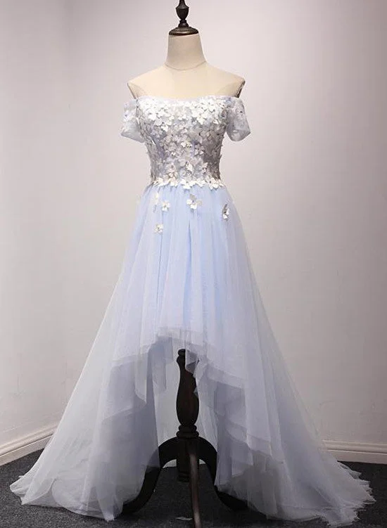 Light Blue Off Shoulder Flowers High Low Party Dress, Tulle Formal Dress Prom Dress Pencil Length Work