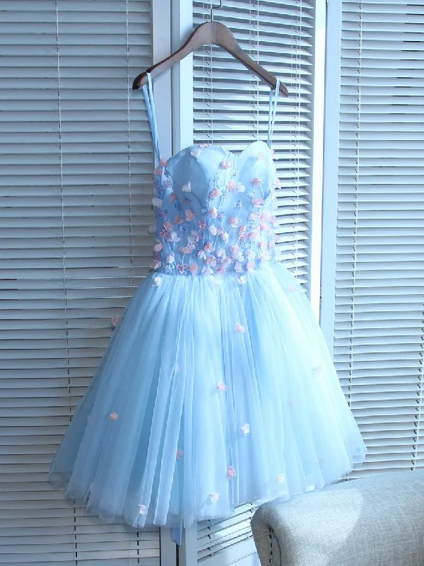 Light Blue Sweetheart Short Handmade Party Dress, Blue Flowers Homecoming Dress Boat Neckline Classic