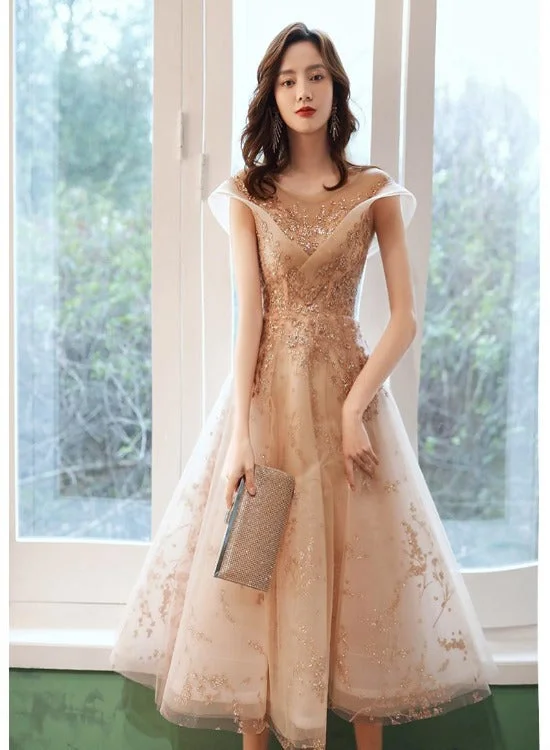 Light Champagne Applique Tulle Cap Sleeves Party Dress, Tea Length Formal Dress Bridesmaid Dress Halter Neckline Beach