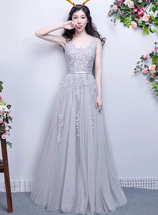 Light Grey Lace Appique Long V-neckline Party Dress, A-line Tulle Prom Dress Bridesmaid Dress Boatneck Modish Everyday