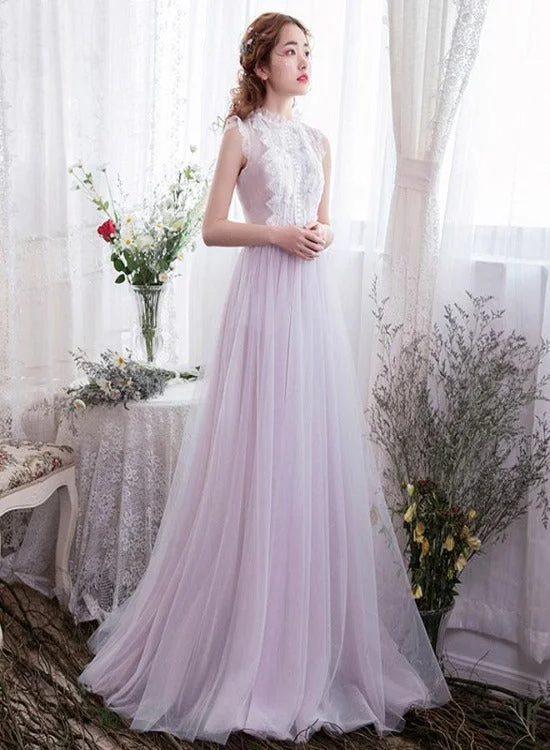 Light Lavender Tulle with Lace Long Evening Dress, Elegant Prom Dress Formal Dress Tunics Modern contemporary