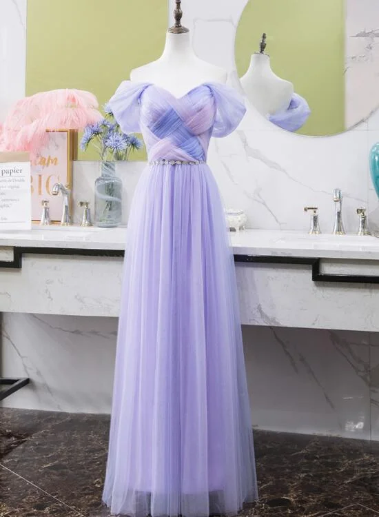 Light Purple Tull Off Shoulder Long Wedding Party Dress, Tulle Prom Dress High-Low Hemline Casual