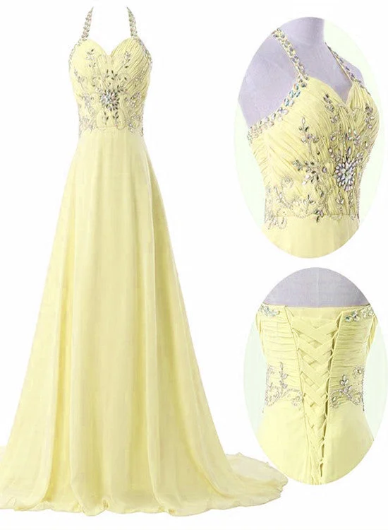 Light Yellow Chiffon Halter Beaded Long Party Dress, Chiffon Prom Dress Tunics Long Elegant