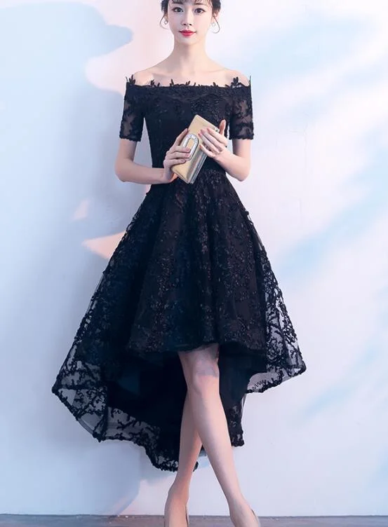 Lovely Black Lace Off Shoulder Bridesmaid Dress, Lace Off Shoulder Black Party Dress Crew Neckline Sporty